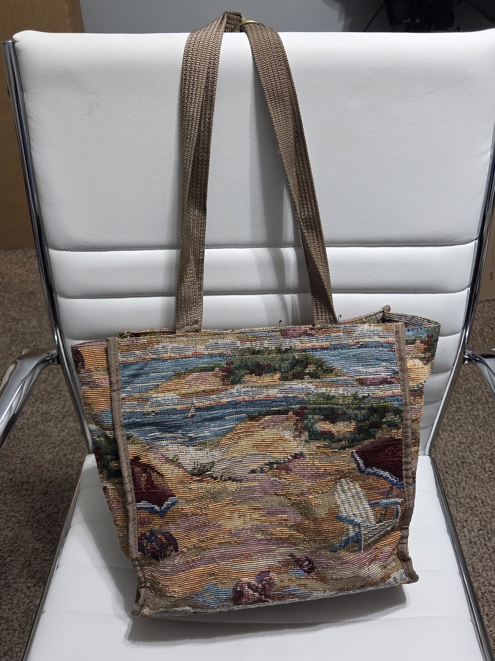 Vintage 90'sJade Coastal Grandma Tapestry Tote Bag Seashore Scene Shoulder Purse